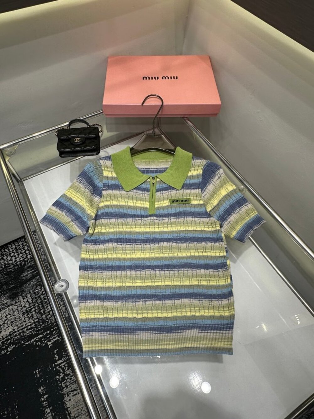 Miu Miu Short-Sleeve Shirt with Collar and Ombré Zipper - Picture 1 of 3